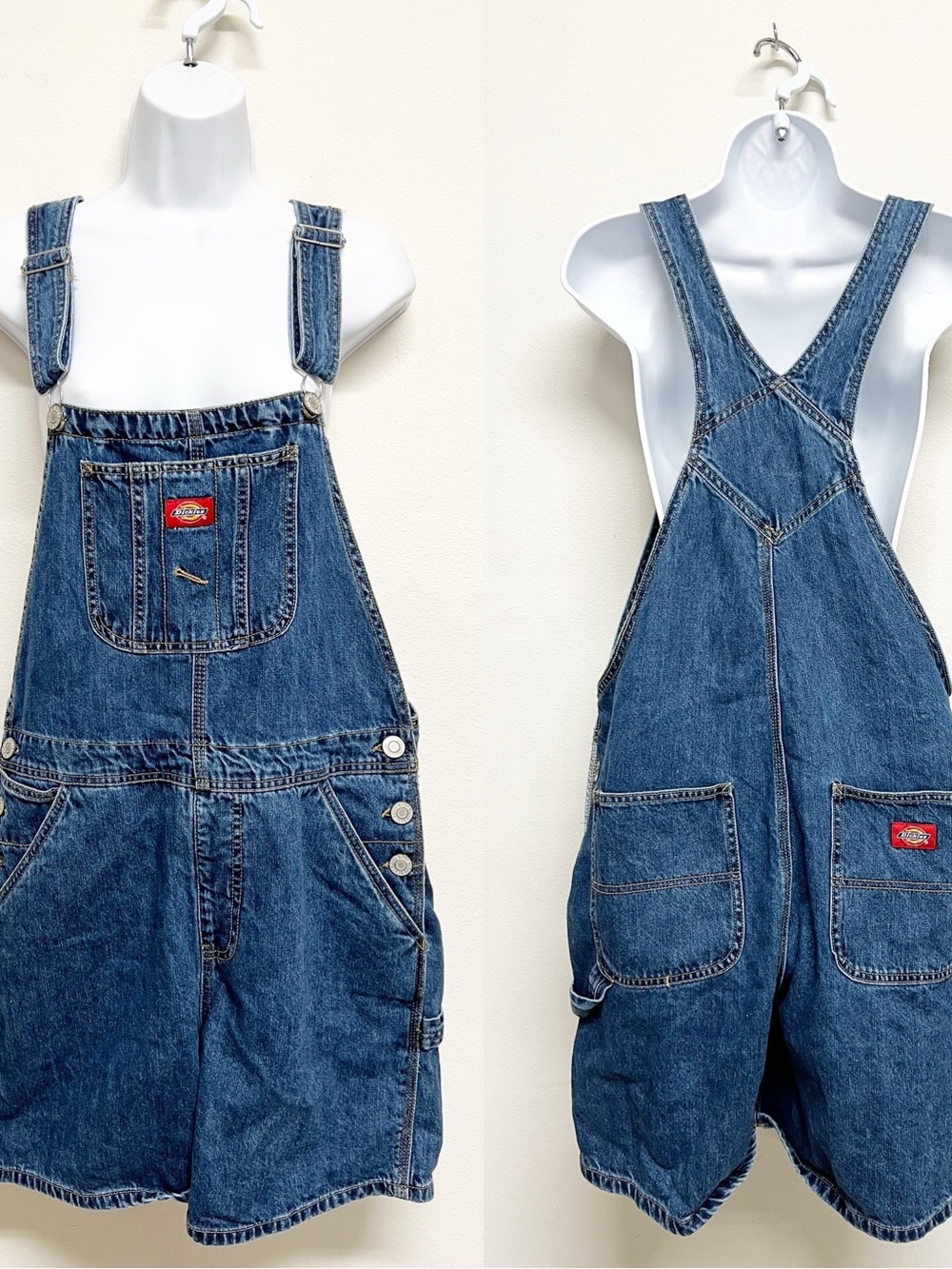 Dickies Womens Medium Wash Classic Denim Roll Hem Shortall Size Large - Picture 4 of 8